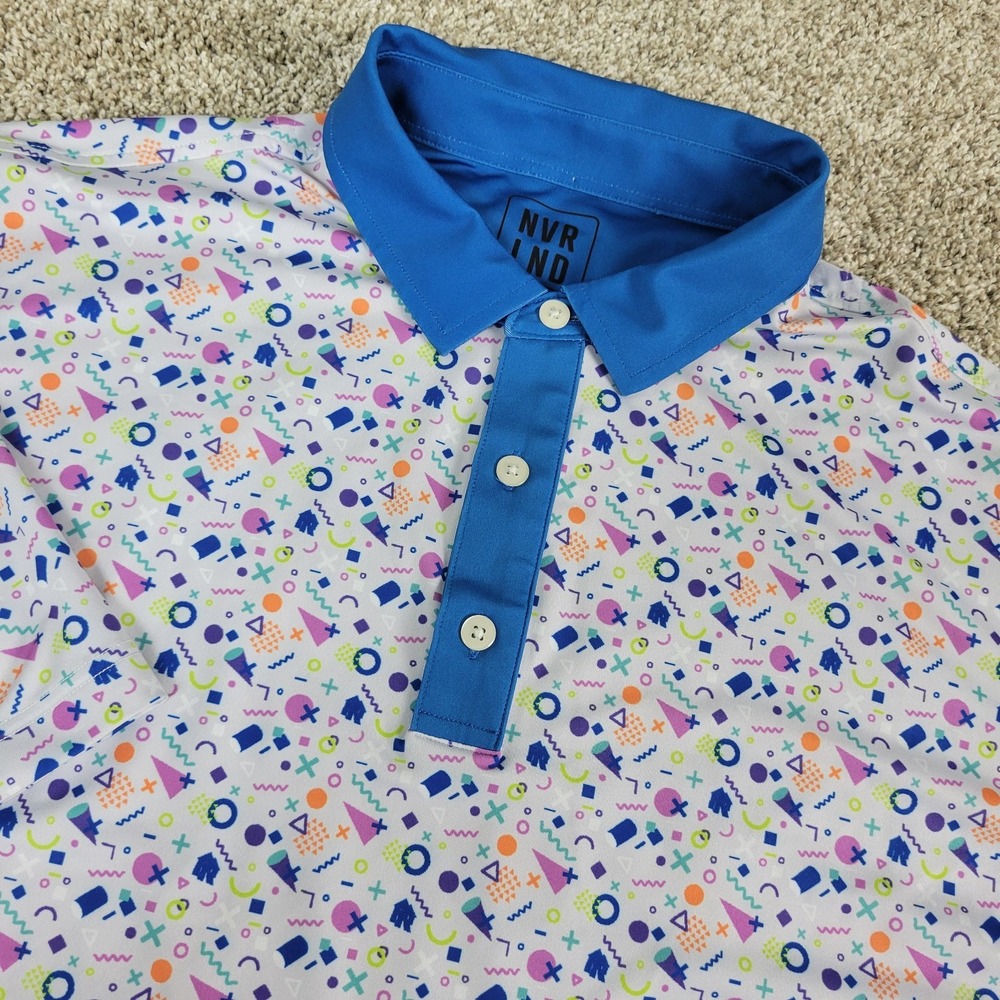NVR LND‎ Mens XL White AOP Geometric Party Performance Stretch Polo SS